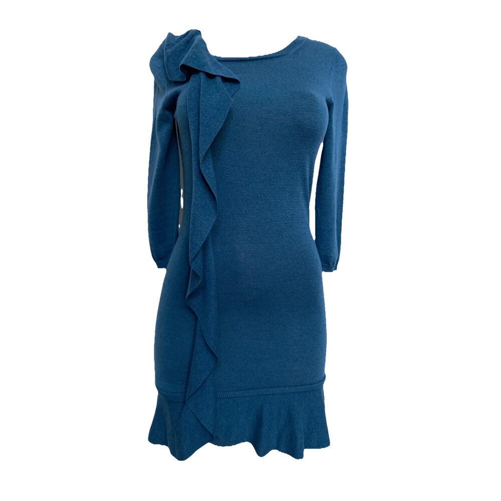 Red Valentino Knit Dress Blue Ruffled 3/4 Sleeve Round Neck Wool Cotton …